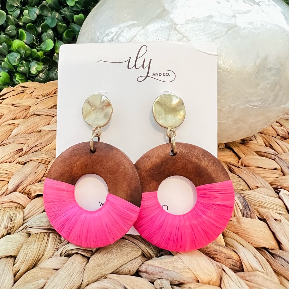 New Hot Pink Raffia and Wooden Disk Dangle Earrings | Boho Barbie | Lightweight